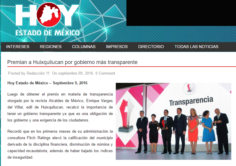 Premian a Huixquilucan por gobierno más transparente