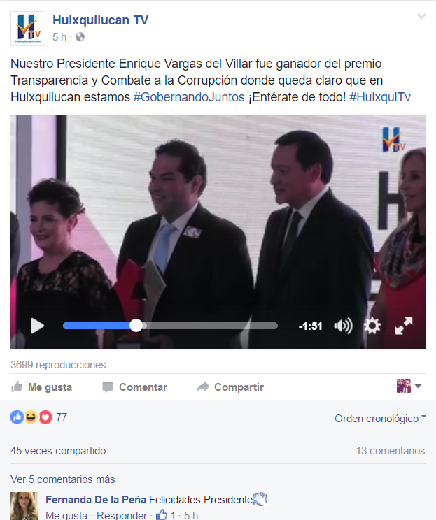 Huixquilucan gana premio por Transparencia y Combate a la Corrupción