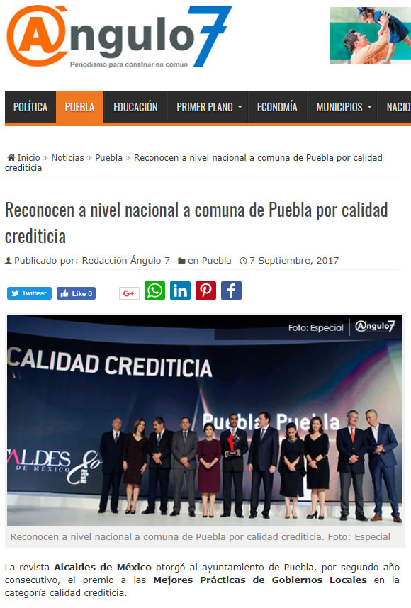 Reconocen a nivel nacional a comuna de Puebla por calidad crediticia