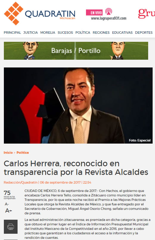 Carlos Herrera, reconocido en transparencia por la Revista Alcaldes
