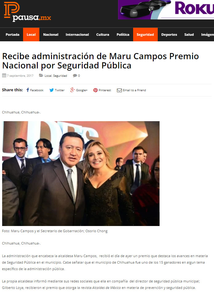 Recibe administración de Maru Campos Premio Nacional por Seguridad Pública