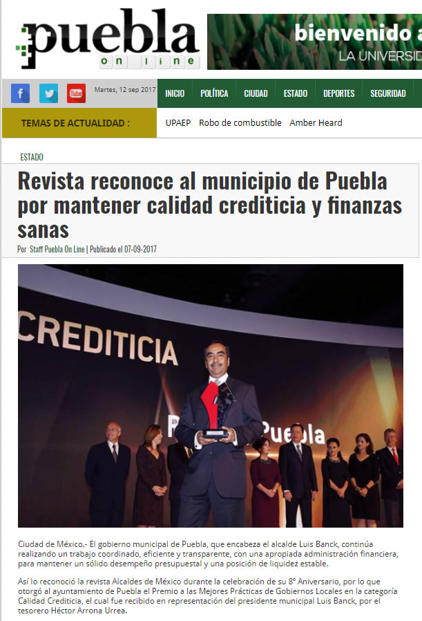 Revista reconoce al municipio de Puebla por mantener calidad crediticia y finanzas sanas