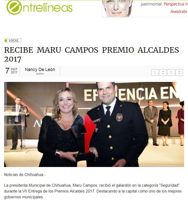 RECIBE MARU CAMPOS PREMIO ALCALDES 2017