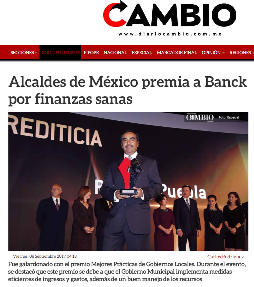 Alcaldes de México premia a Banck por finanzas
