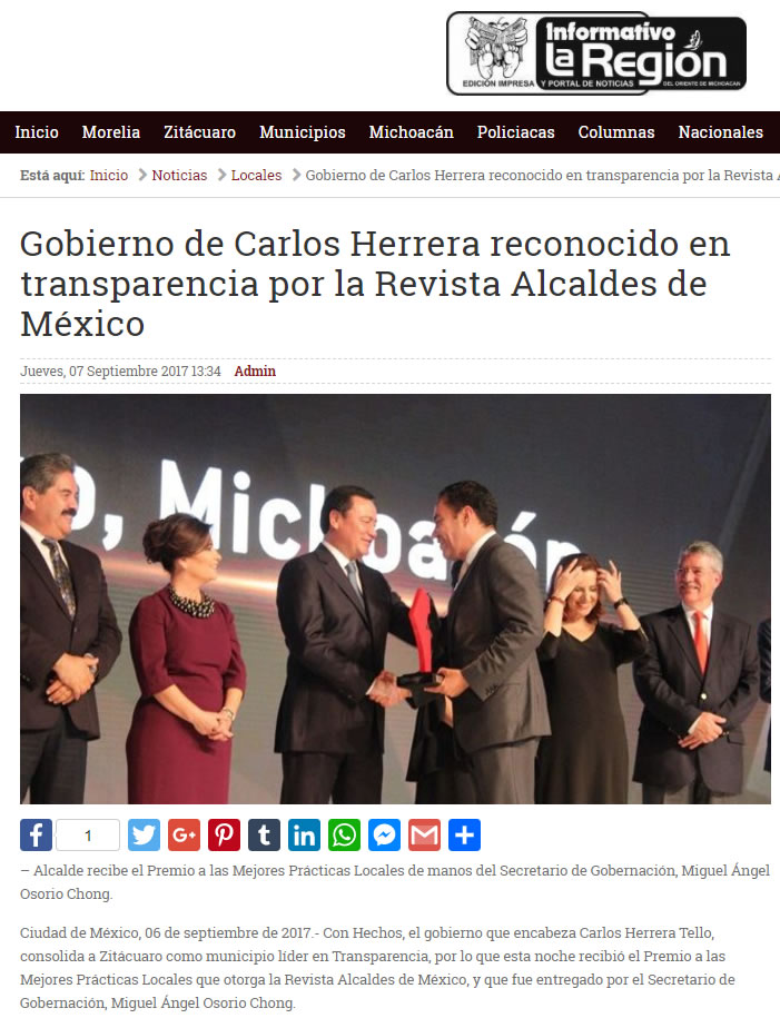 Gobierno de Carlos Herrera reconocido en transparencia por la Revista Alcaldes de México