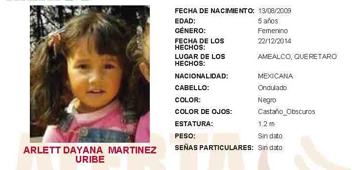 (Localizada) Se activa alerta amber para localizar a la niña Arlett Dayana Martinez Uribe