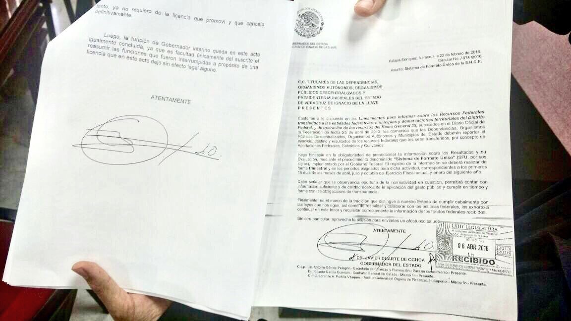 Congreso de Veracruz recibe supuesta carta de Javier Duarte para reasumir gubernatura