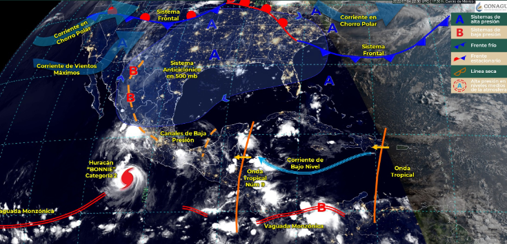 Huracán Bonnie ocasionará lluvias intensas en 5 entidades del país